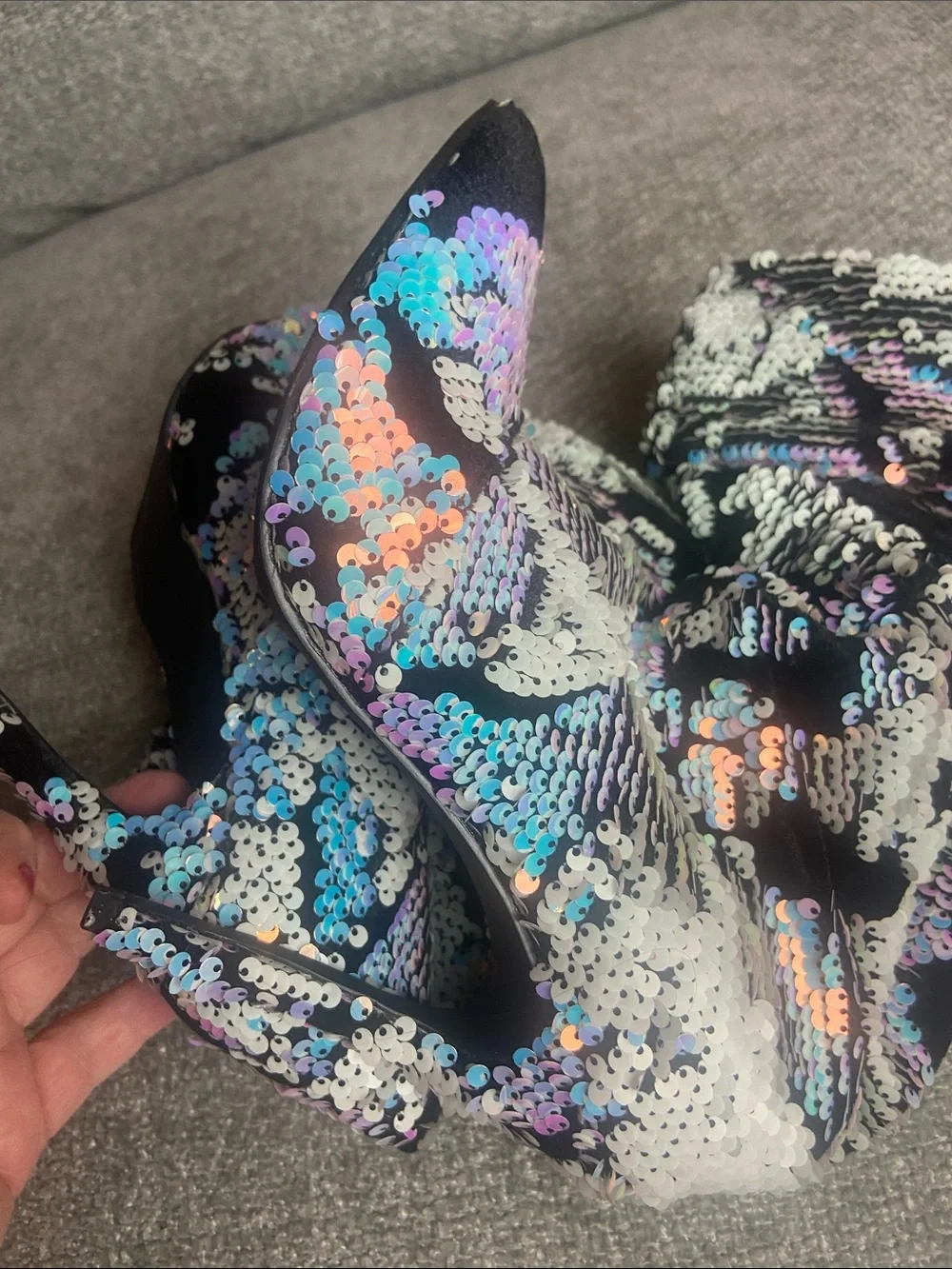Sequined Black Multicolor Stiletto Ip to the Knee Boot size 8